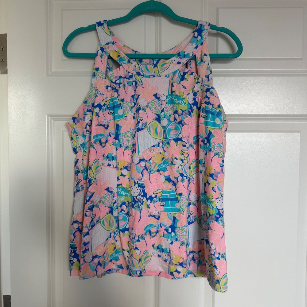 Lilly Pulitzer Tank Top Women Medium Pink Blue Pickleball Cage Neck Strappy Back